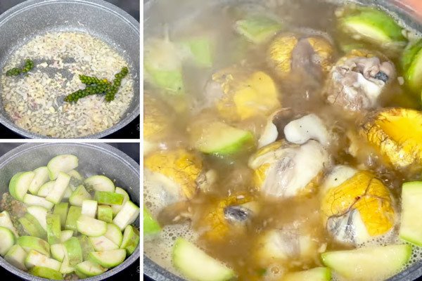 Xào thơm hành tỏi và bầu trước khi cho hột vịt lộn vào nước lẩu