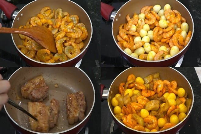 Xào tôm, thịt ba rọi và trứng cút chuẩn bị cho mì Quảng Phú Chiêm