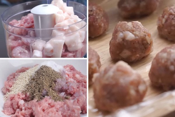 Xay và ướp thịt heo làm xíu mại nước lèo