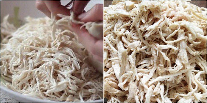 Xé thịt lợn thành sợi nhỏ làm ruốc