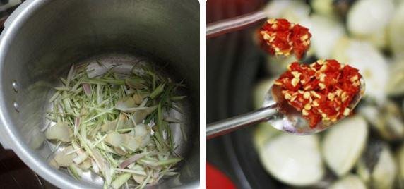 Xếp nghêu và sả vào nồi để hấp