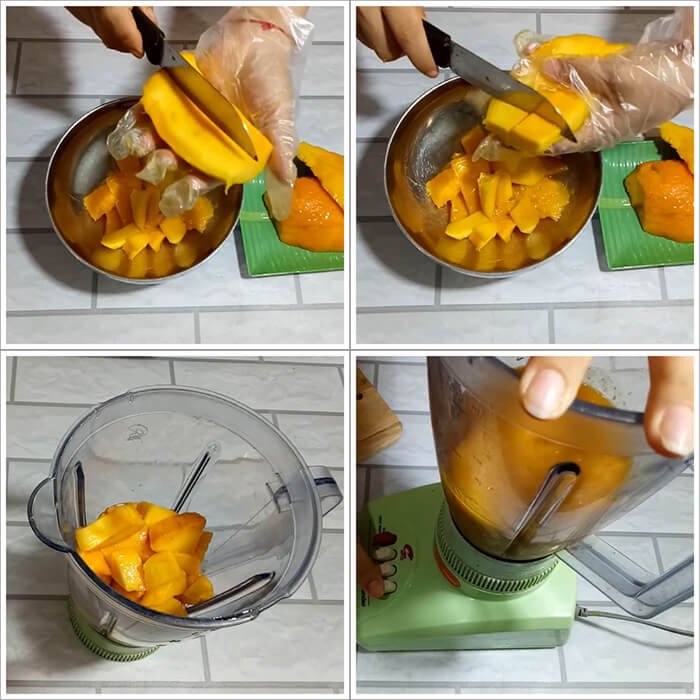 Xoài đã cắt nhỏ và sẵn sàng để xay làm bánh dẻo