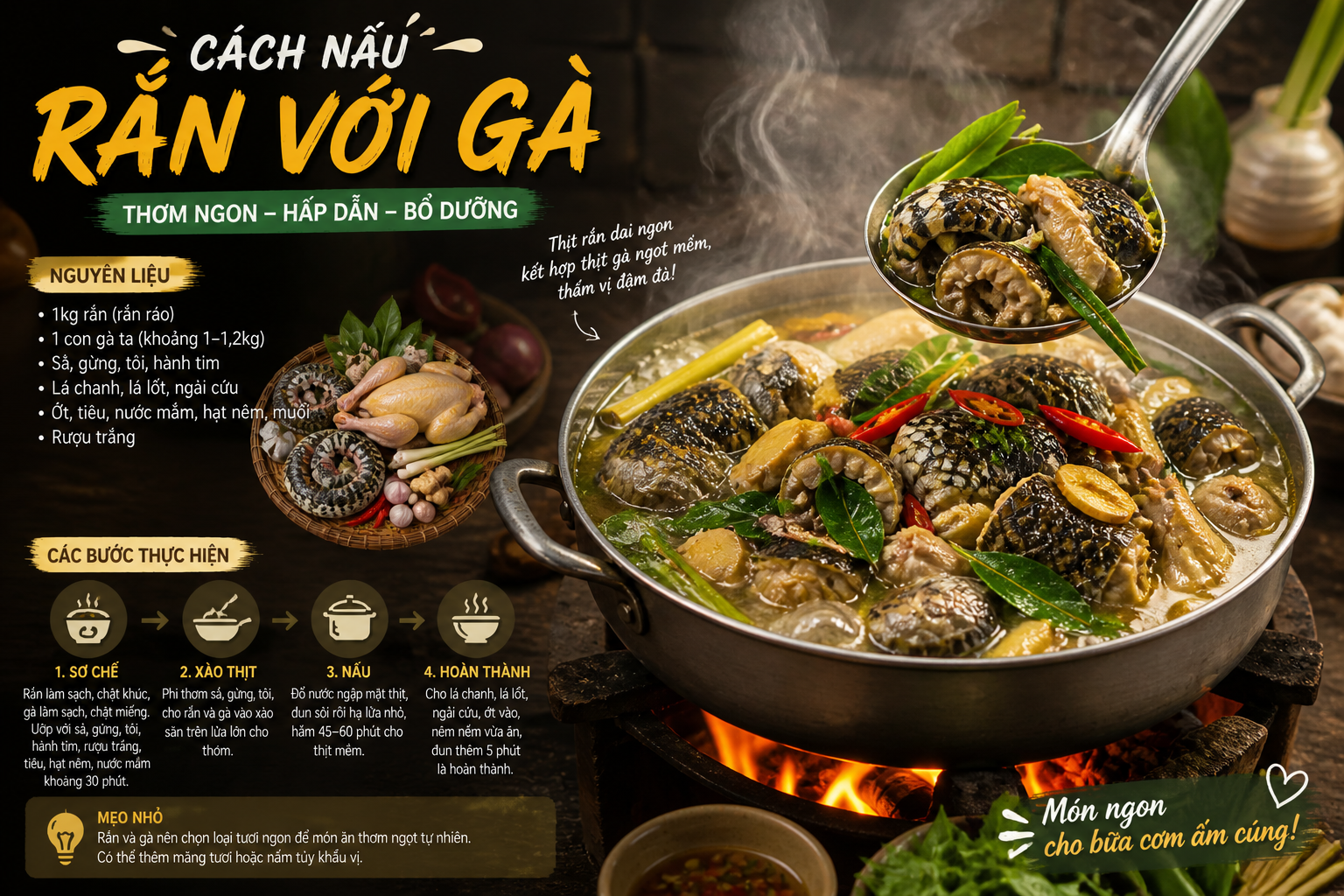 Cách nấu rắn với gà chuẩn vị dân dã giàu dinh dưỡng