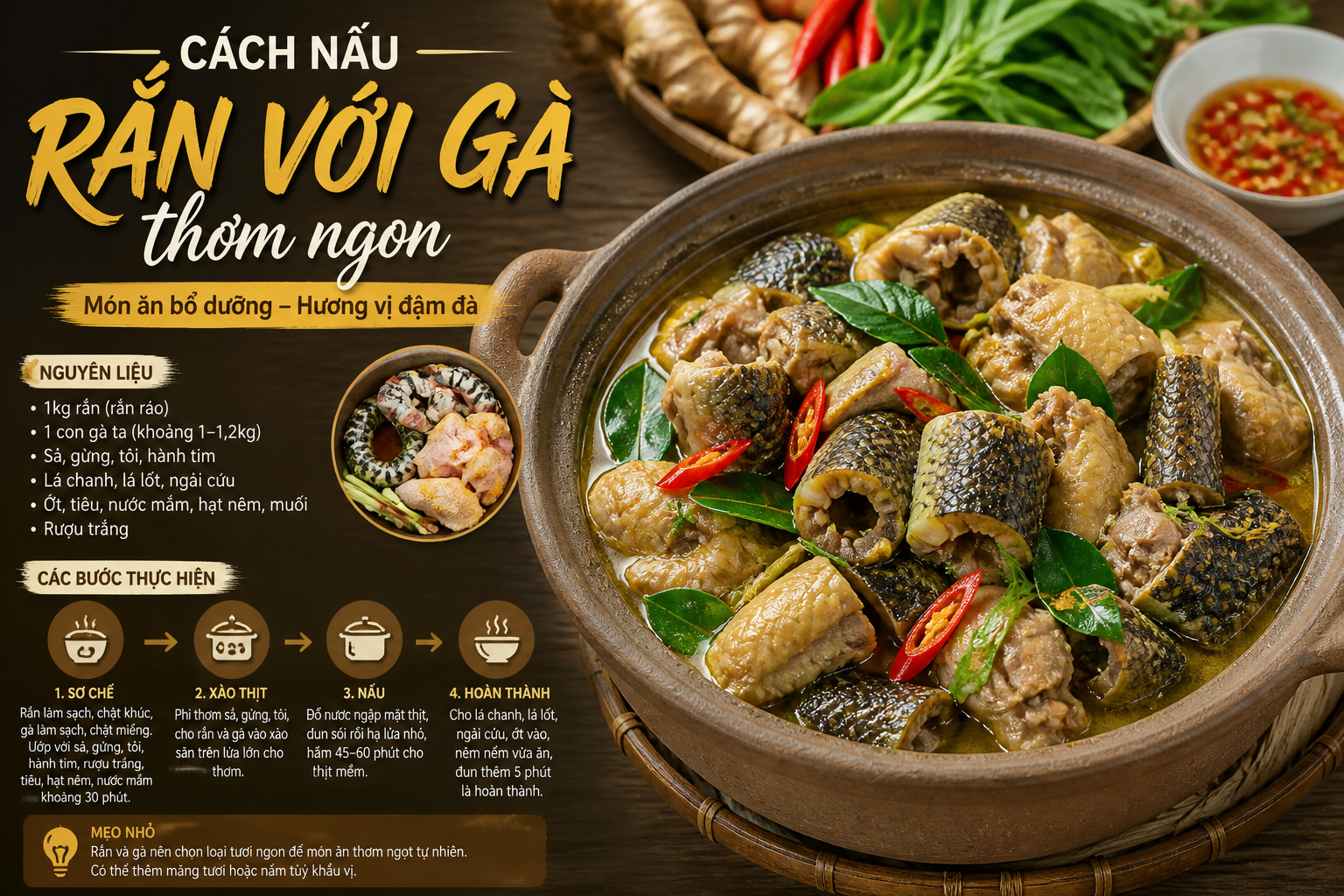Cách nấu rắn với gà thơm ngon đậm vị cho bữa ăn lạ miệng