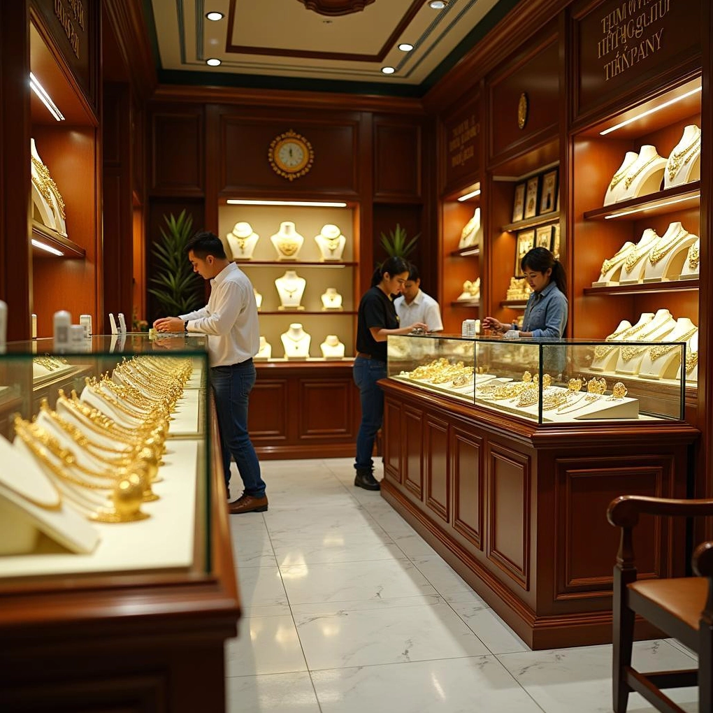 Không gian bên trong Tiệm Vàng Hồng Phúc tại Mỹ Tho với các quầy trang sức lấp lánh và nhân viên đang tư vấn khách hàng về giá vàng hồng phúc mỹ tho và các sản phẩm đa dạng.